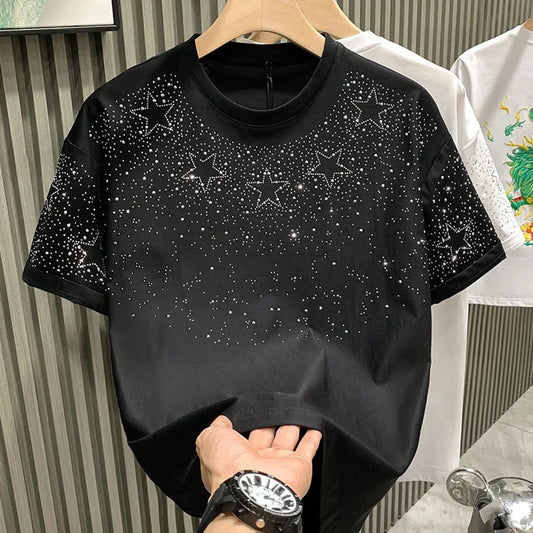 Mens T-Shirt Cotton Star Hot Diamond Casual T-Shirt Fashion Versatile Temperament Elegant Performance Costume Top Men'S Clothing