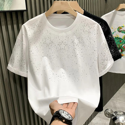 Mens T-Shirt Cotton Star Hot Diamond Casual T-Shirt Fashion Versatile Temperament Elegant Performance Costume Top Men'S Clothing