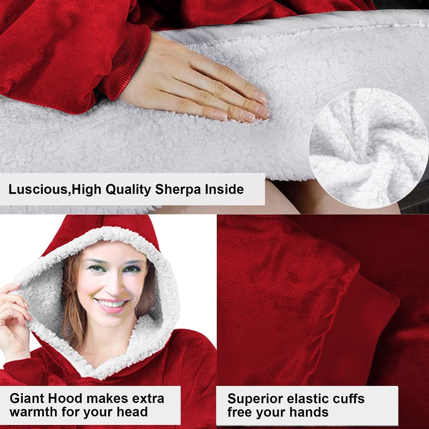 Wearable Blanket Hoodie, Oversized Sweatshirt with Sleeves and Folding Giant Pocket, Warm and Cozy Big Sherpa Hoodie for Adult (Red, One Size)